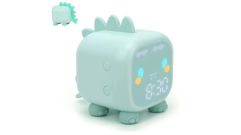 A stegosaurus-style alarm clock in pale green.