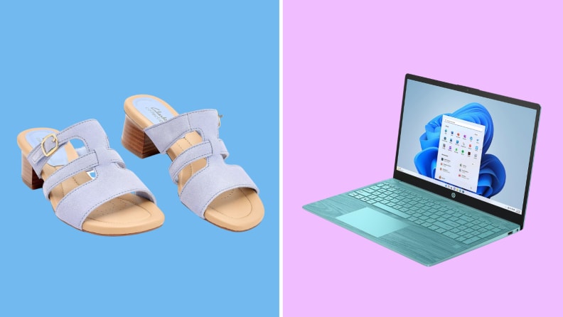 An image of a pair of Clark's shoes and a laptop.