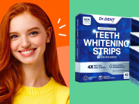 Smiling woman next to a package of DrDent teeth whitening strips