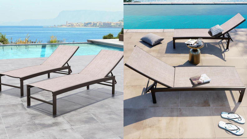 beige and black chaise lounge chairs next to a pool