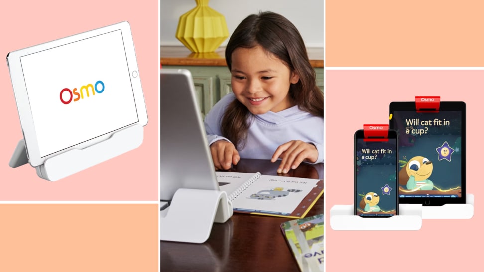 On left, tablet computer sitting in stand with Osmo logo on screen. In middle, child smiling while working on reading exercise. On right, two tablet computers.