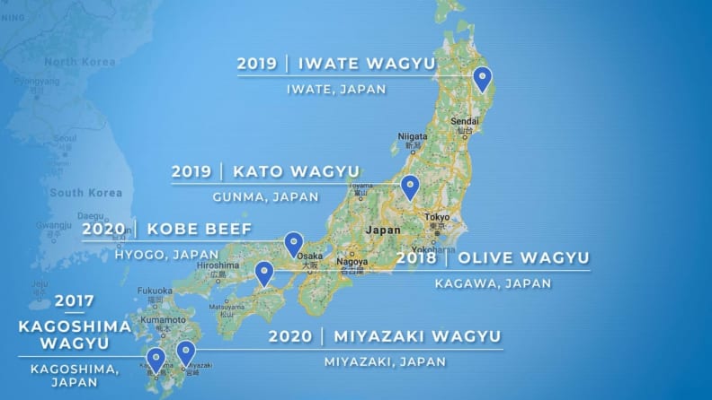 A map of Japan illustrating the various areas where wagyu beef is most exported, including the popular Miyazaki Wagyu.