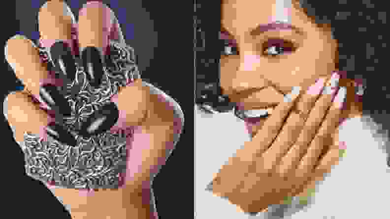 On the left: A hand wearing dark blue Kiss nails in almond shape. On the right: Nude-colored Kiss nails in coffin shape and long length on a model. The model smiles at the camera and holds to nails up to her face.