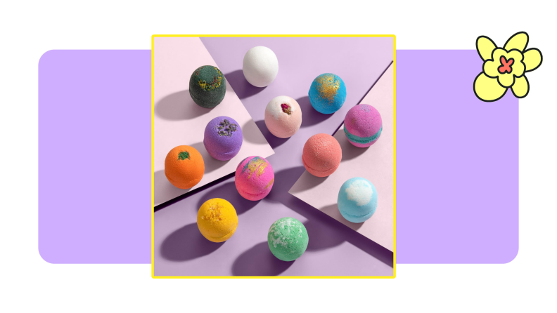 A scattered arrangement of colorful bath bombs from LifeAround2Angels.