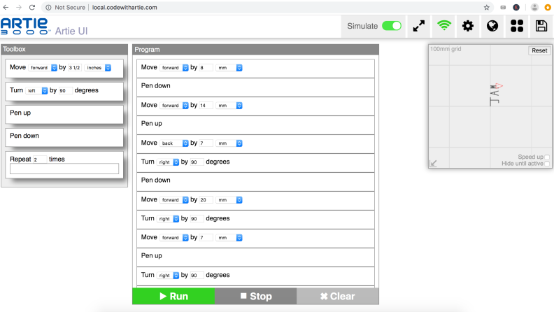Kids can debug their Artie 3000 programs using the "simulate" function, which shows the result of the code before actually having Artie 3000 draw it out.