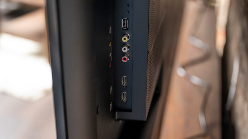 Close-up of the back of the TV, revealing connection inputs.