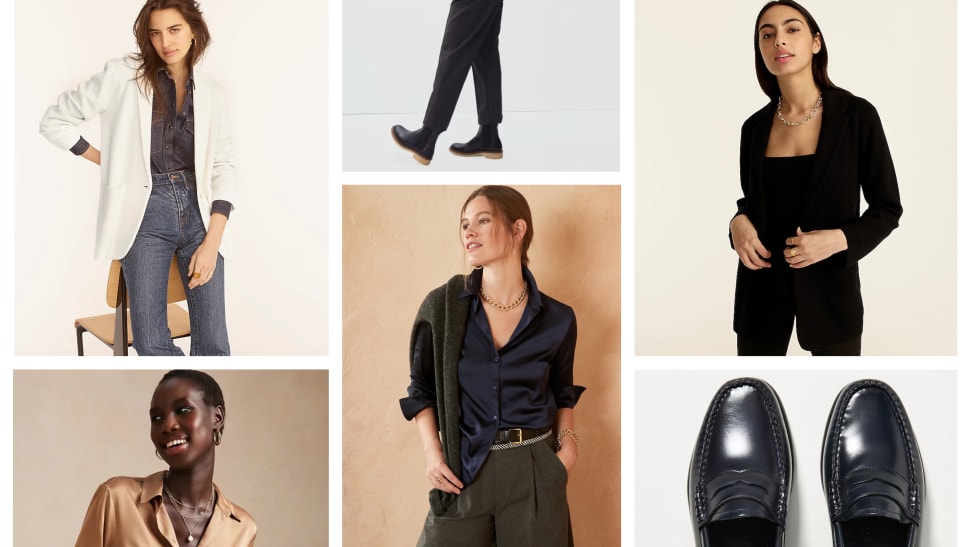 Collage of models wearing business casual style staples.