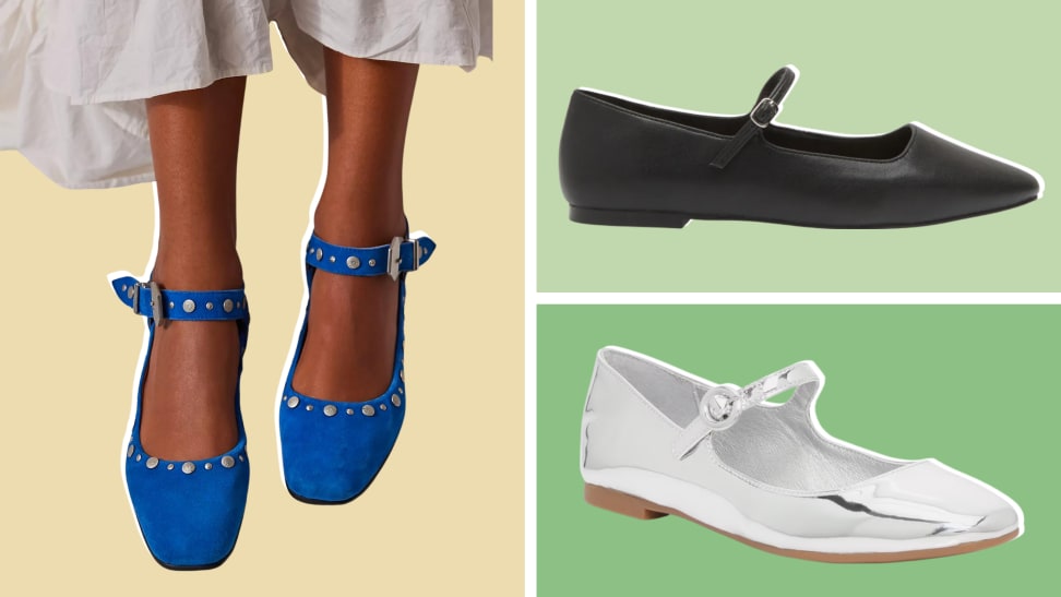 Collage of three pairs of Mary Jane shoes, one in blue with studs, one in black, and one in silver patent leather.