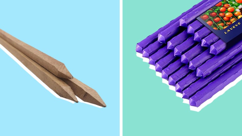 Wooden poles on the right in front of a light blue background.  Purple piles on a mint green background on the right.