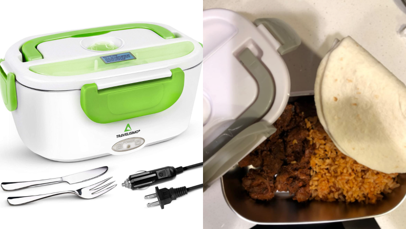 Travelisimo electric lunch box on white background / Lunch box filled with meat and rich with tortillas on the side.