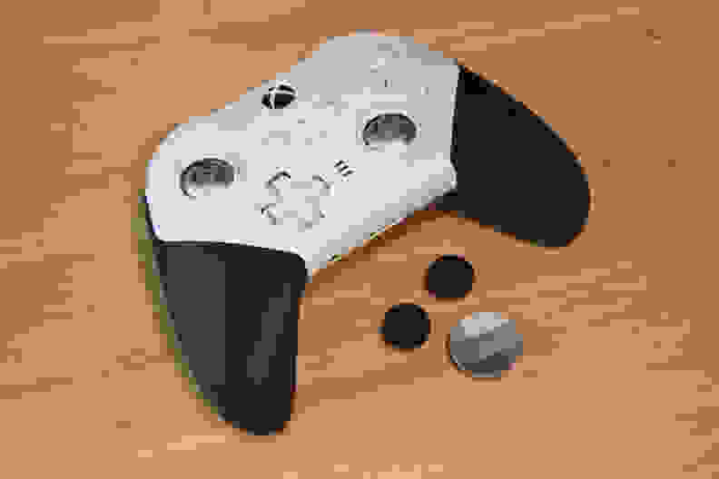 Looking at a white Xbox Elite core controller head-on