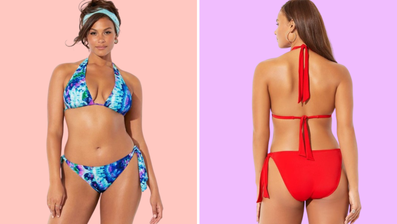 Model displaying front and back of red bikini swimsuit, and another model wearing the same bikini in a blue print.