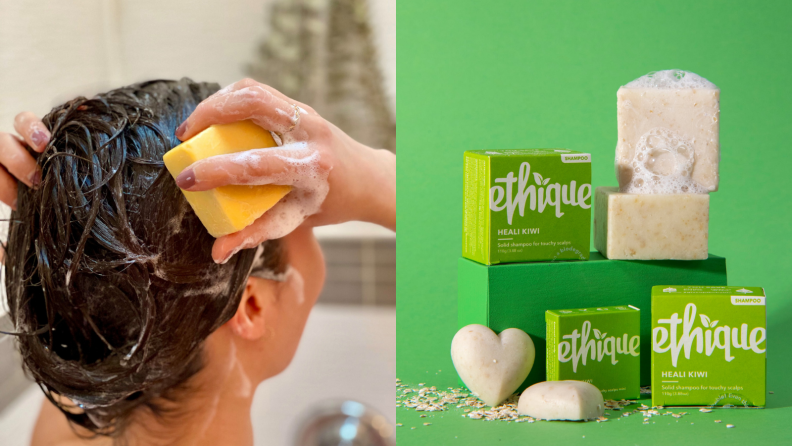 On the left: A person holding a shampoo bar up to their wet hair in the shower. On the right: Three boxes of Ethique shampoo bars stacked on a green box. There are two square shaped shampoo bars and two heart-shaped ones.