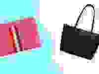 一个粉红色的包和一个黑色的旅行包，背景是蓝色和奶油色。