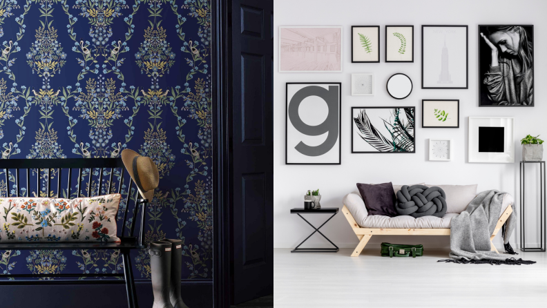 (Left) A luxurious entryway with blue printed wallpaper. (Right) A simple living area with a gallery wall against a white wall.