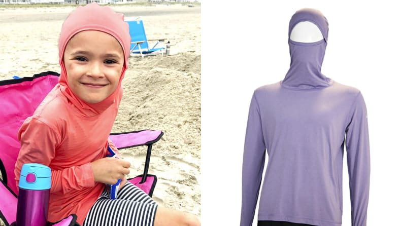 On the left: a child sitting on a chair at the beach wearing a shirt with an attached hood. On the right: a shirt with an attached hood that can be used as a face mask.