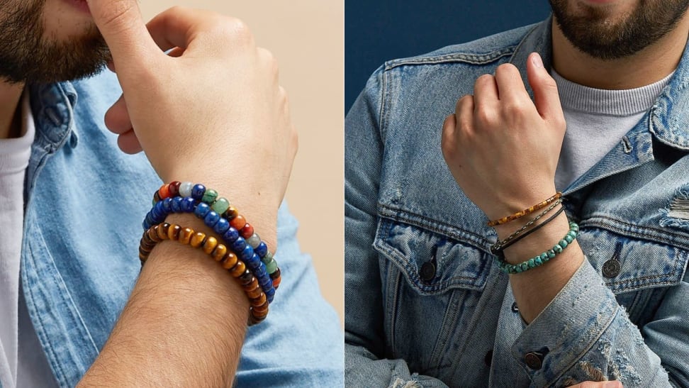 man wearing blue shirt and touching face while wearing array of colorful beaded bracelets from Kendra Scott's Scott Bros. line, man in jean jacket holding arm up displaying multiple bracelets from Kendra Scott's Scott Bros. line