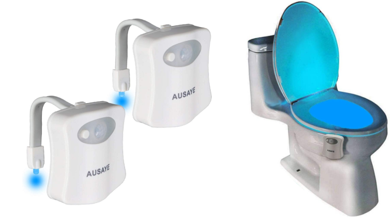 On left, product shot of two white toilet night lights. On right, white toilet with blue light inside the bowl.