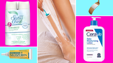 Product shot of two cans of Gillette Satin Care Ultra Sensitive Shave Gel, Neosporin Original Antibiotic Ointment, a person using a razor to shave legs, a Band-Aid and a bottle of CeraVe Daily Moisturizing Lotion.