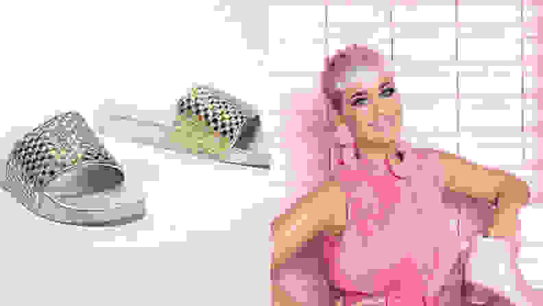 Left: Slide-on shoes on white background right: Katy Perry in pink dress