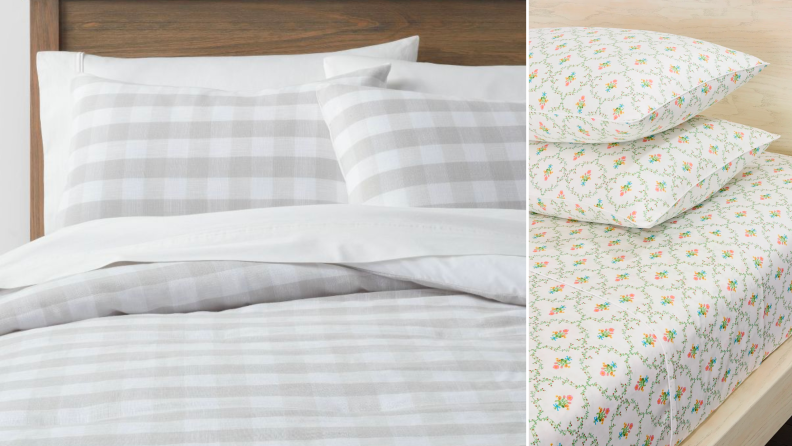 Two images of checkered and floral bed sheets.
