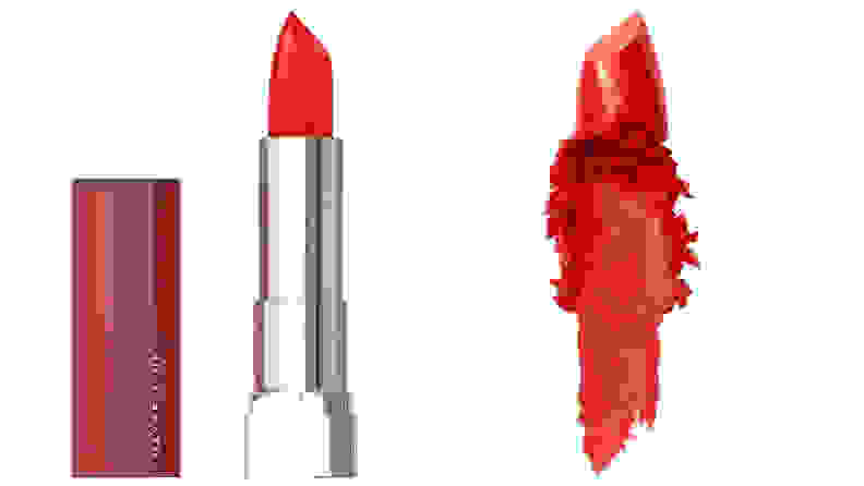 A photo of Maybelline New York Color Sensational Satin Lipstick in the shade On Fire Red.