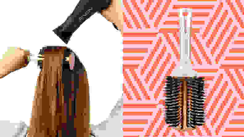 Left: woman brushing hair with Revlon barrel brush, Right: Revlon barrel brush on coral geometric background