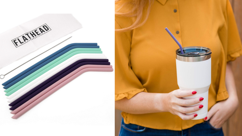 On the left, Flathead-brand straws are on display in a variety of colors. On the right, a person holds a large thermos with a purple straw in it.