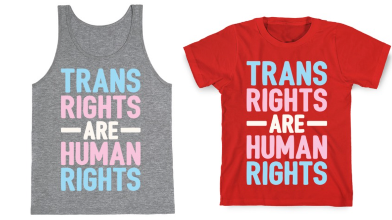 On left, gray tank top that reads, "Trans rights are human rights." On right, red short-sleeved shirt that reads, "Trans rights are human rights."