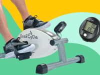 A person pedals with the DeskCycle.