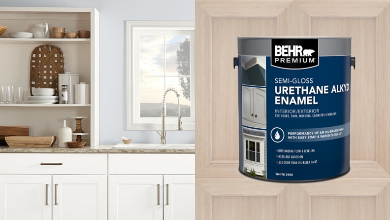 Left: A kitchen shelf and cabinet painted white; Right: A can of Behr Urethane Alkyd Semi-Gloss Enamel on a wood background