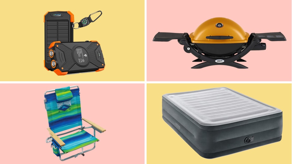 A colorful collage with an air mattress, grill, chair, and power bank.