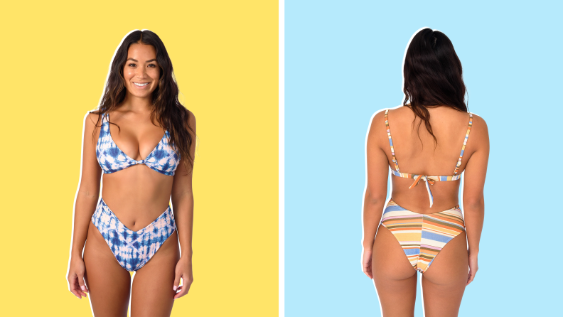 Collage image: A model wearing a printed blue bikini, and a model wearing a multicolored printed bikini.
