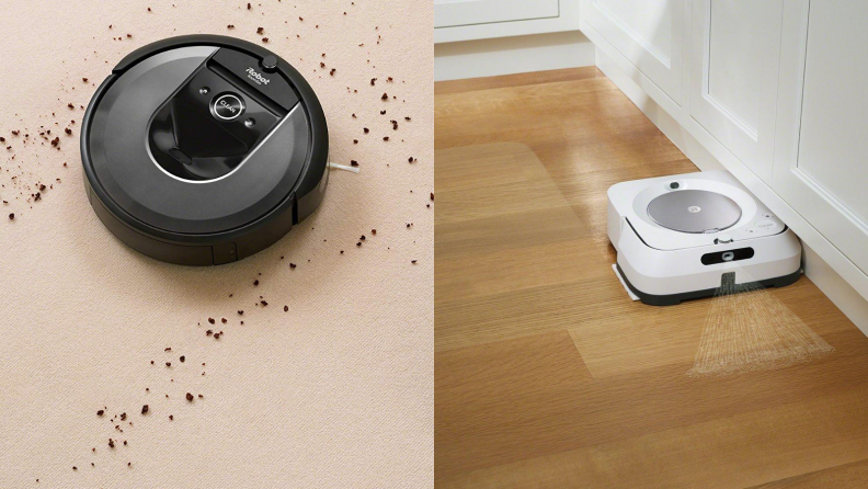 iRobot Roomba cleaning up crumbs next to a Braava Jet mopping
