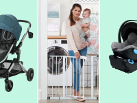 A colorful collage with a baby gate, car seat, and stroller.