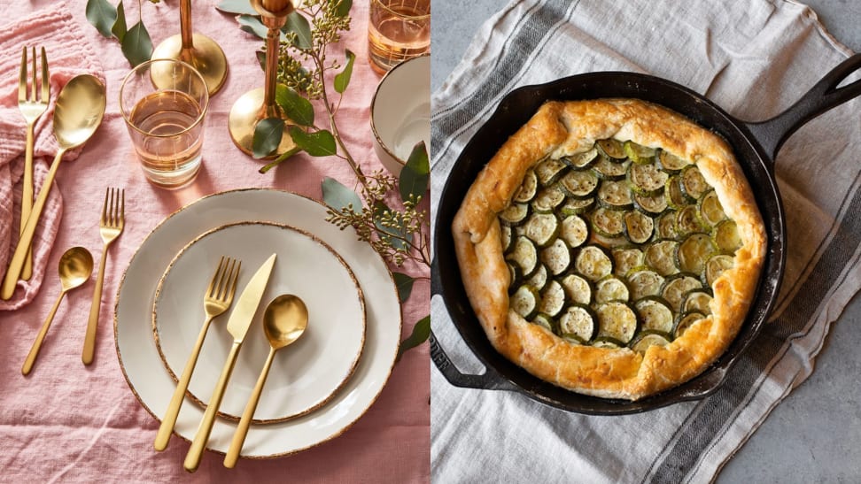 On left, dinnerware place setting with gold accents. On right, a galette in a cast iron skillet