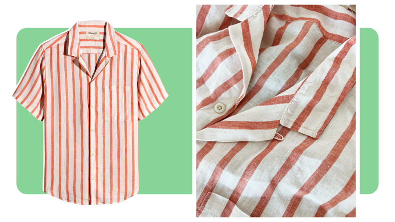 On the left, a short-sleeve linen button-up shirt with orange stripes, on the right is a close-up of the fabric.