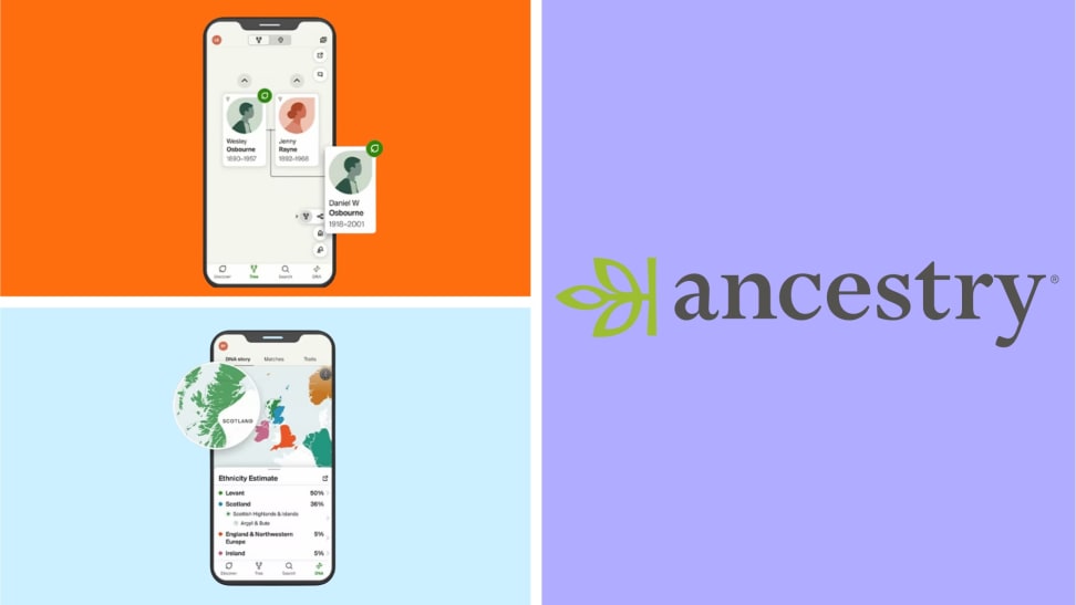 A pair of smartphone screens with screenshots from Ancestry on them next to the Ancestry logo in front of colored backgrounds.
