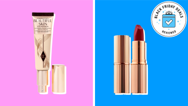 Collage of Charlotte Tilbury foundation and red lipstick.
