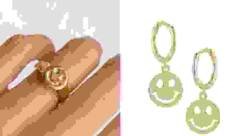 A split of a gold smiley face ring on a hand and gold smiley face earrings on a white background