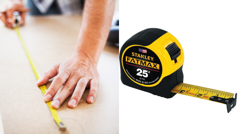 On left, hand using tape measure against wooden board. On right, product shot of yellow and black Stanley FatMax tape measure