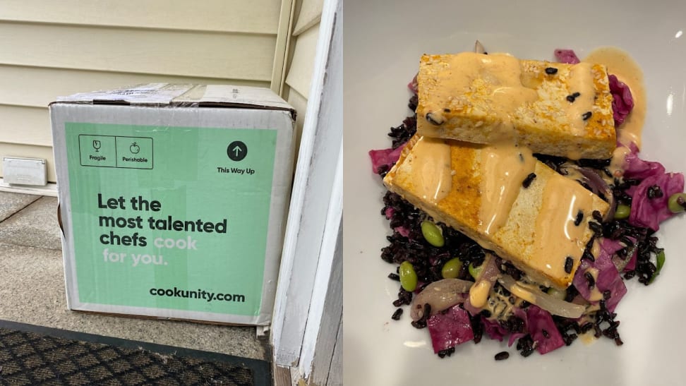 On left, CookUnity subscription box on a porch outdoors. On right, dish of hot food.