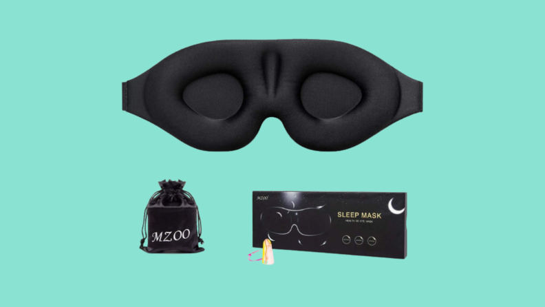 Sleep mask and package against teal background