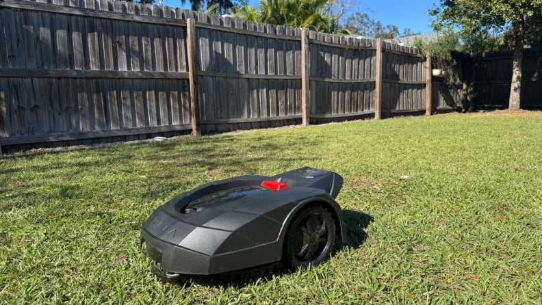 A black Volta robot lawn mower on grass