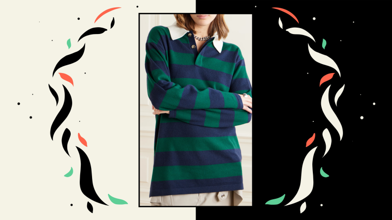 A green and blue striped rugby sweater with a white collar.