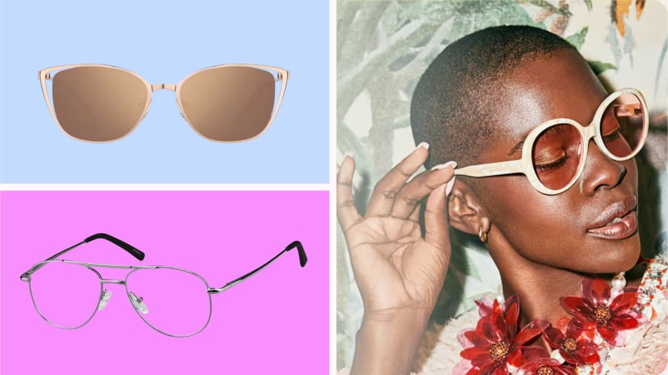 A collage of Zenni glasses next to someone wearing Zenni sunglasses in front of various backgrounds.