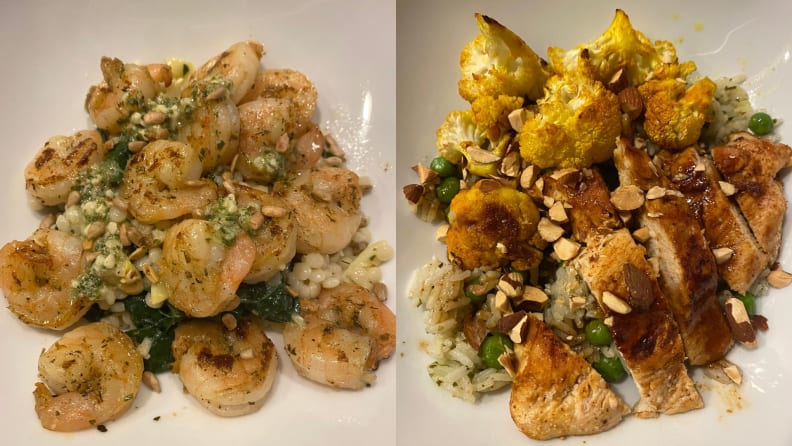 On right, dish with shrimp, couscous, and veggies. On right, dish with rice, veggies, and sliced chicken.