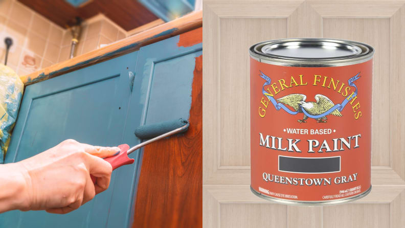 Left: A person rolling blue paint onto a kitchen cabinet; Right: A can of General Finishes Milk Paint on a wood background
