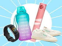 Collage of sneakers, a yoga mat, water bottle, and smartwatch.