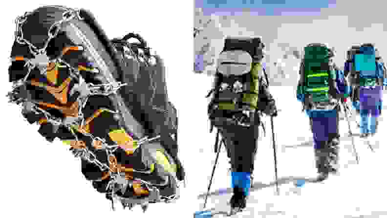 Left: Chains are wrapped around the sole of a boot, metal cleats jutting out from two rings on the bottom for traversing ice and snow. Right: A group of hikers climb in the snow.